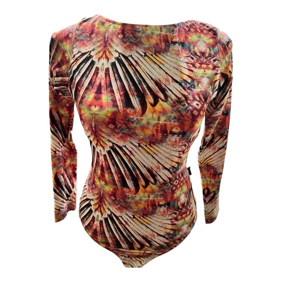 Colorful Feather Pattern Long Sleeve backless Bodysuit Medium NWT - Picture 1 of 13